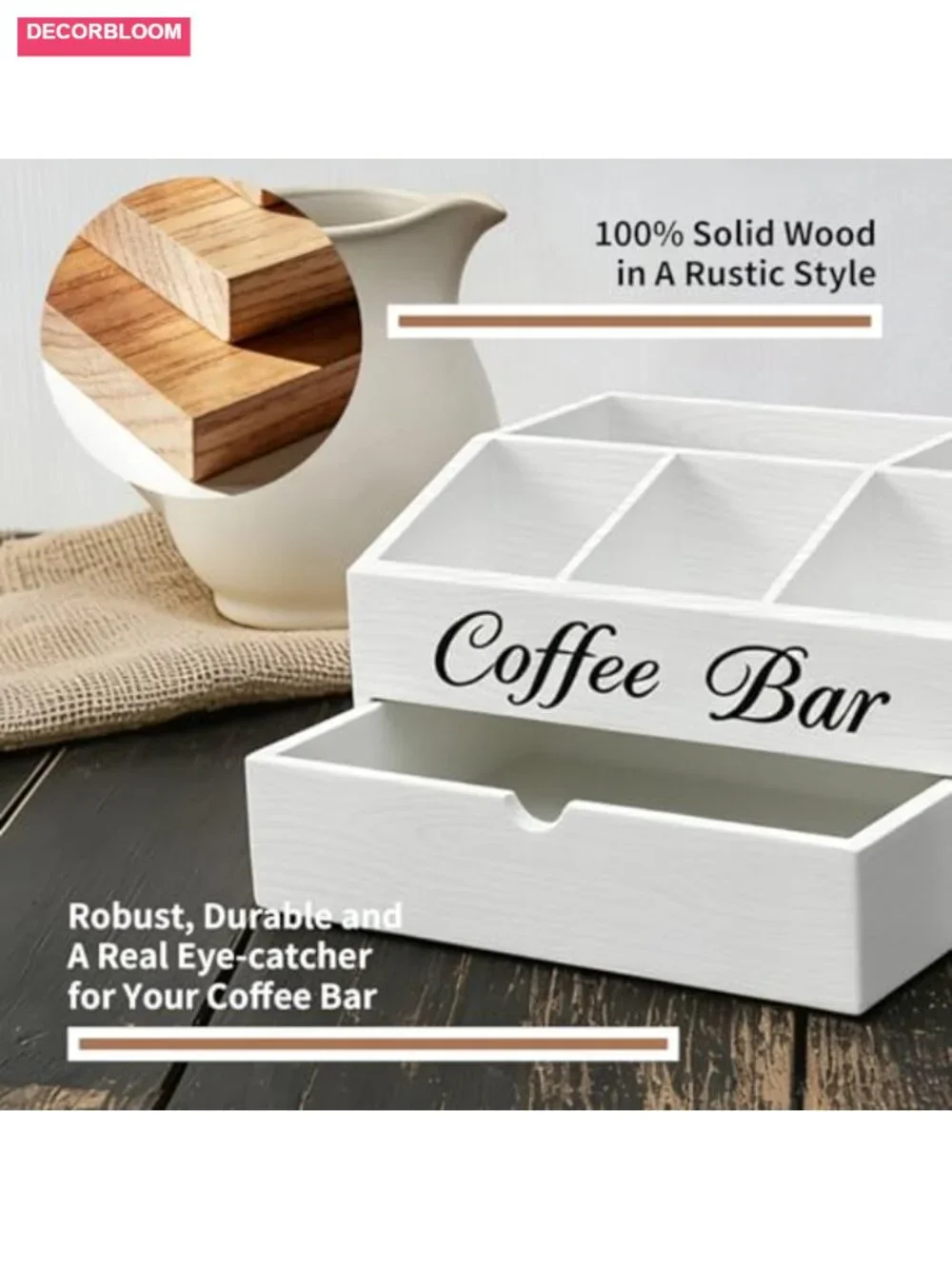 Wood Coffee Bar Organizer with Dust-Proof Drawer, 2-Tier Station